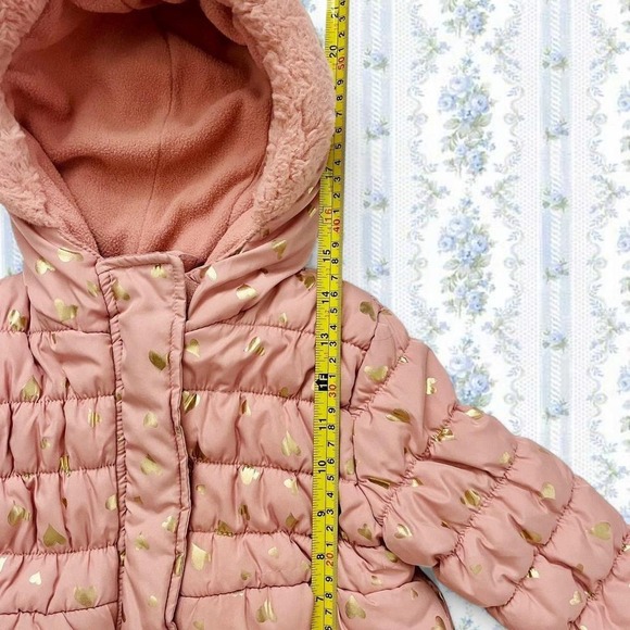 Wippette Kids Pink Puffer Coat Shiny Gold Hearts Faux Fur Lined Hood Toddlers - Picture 4 of 5